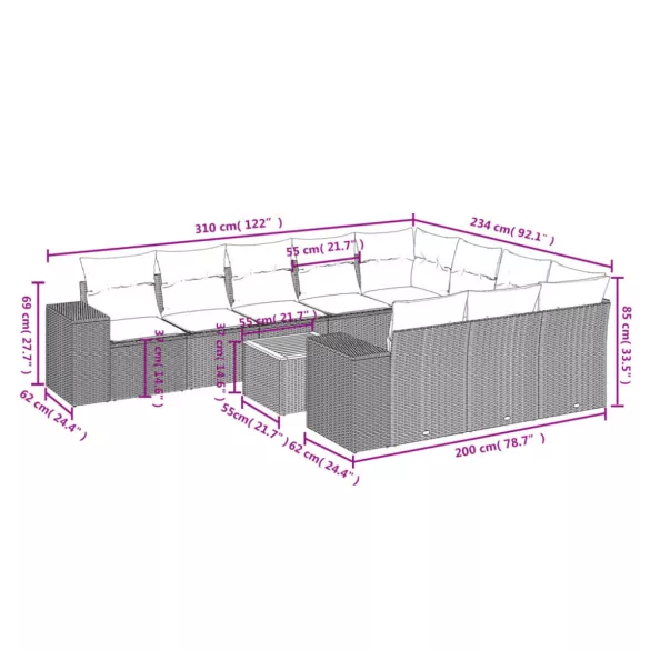 11 részes szürke polyrattan kerti ülőgarnitúra párnákkal