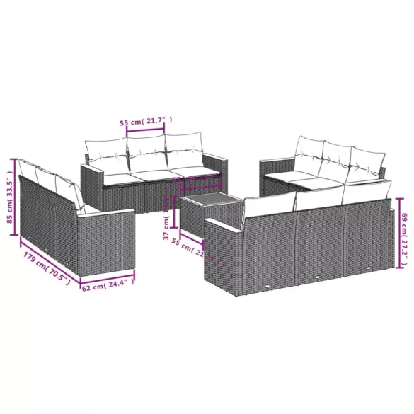 13 részes fekete polyrattan kerti ülőgarnitúra párnákkal