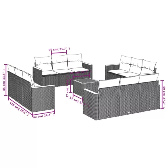 13 részes fekete polyrattan kerti ülőgarnitúra párnákkal