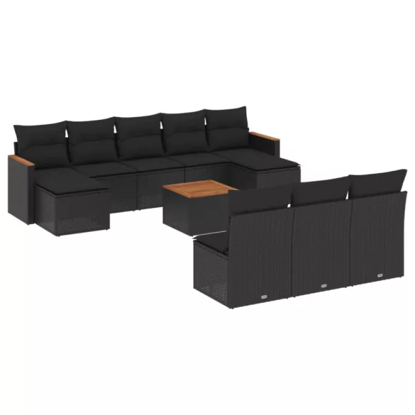 11 részes fekete polyrattan kerti ülőgarnitúra párnákkal