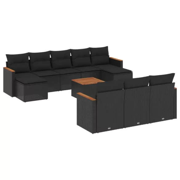 11 részes fekete polyrattan kerti ülőgarnitúra párnákkal