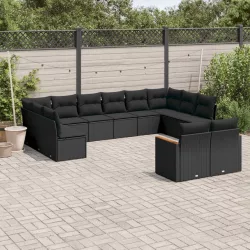   12 részes fekete polyrattan kerti ülőgarnitúra párnákkal