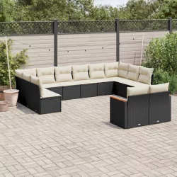   12 részes fekete polyrattan kerti ülőgarnitúra párnákkal