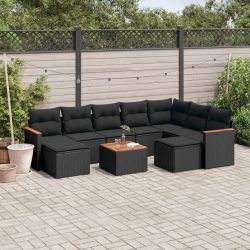   10 részes fekete polyrattan kerti ülőgarnitúra párnákkal