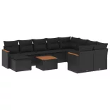 11 részes fekete polyrattan kerti ülőgarnitúra párnákkal
