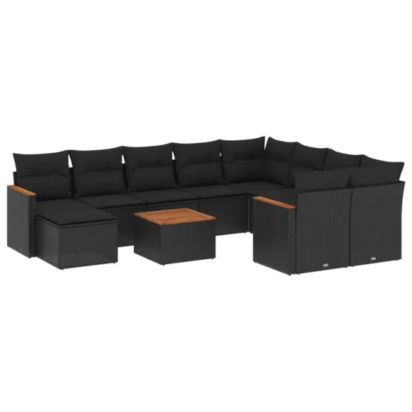 11 részes fekete polyrattan kerti ülőgarnitúra párnákkal