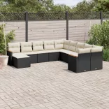 11 részes fekete polyrattan kerti ülőgarnitúra párnákkal