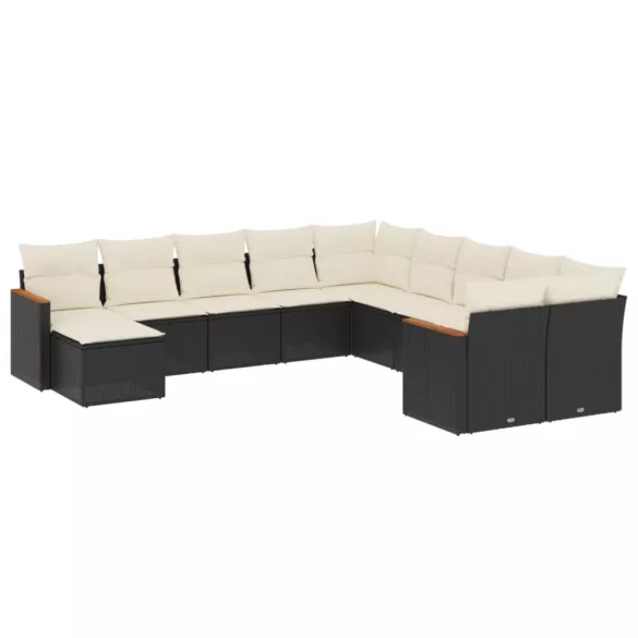 11 részes fekete polyrattan kerti ülőgarnitúra párnákkal