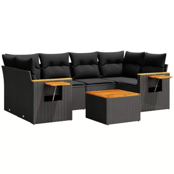 7 részes fekete polyrattan kerti ülőgarnitúra párnával