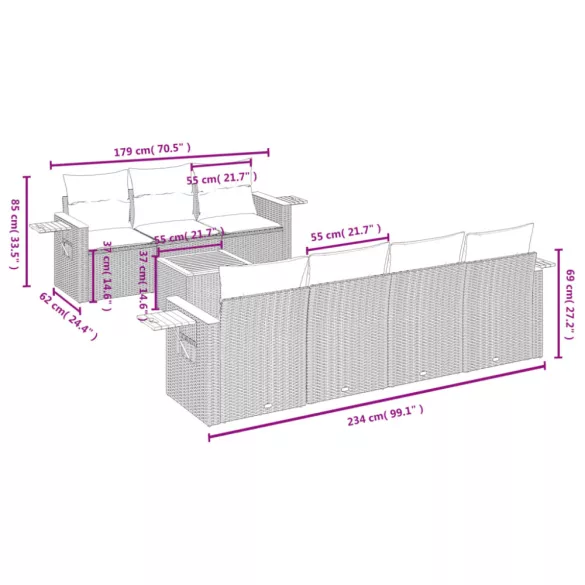 8 részes fekete polyrattan kerti ülőgarnitúra párnákkal