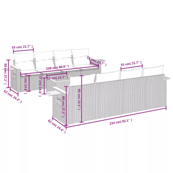 9 részes fekete polyrattan kerti ülőgarnitúra párnákkal