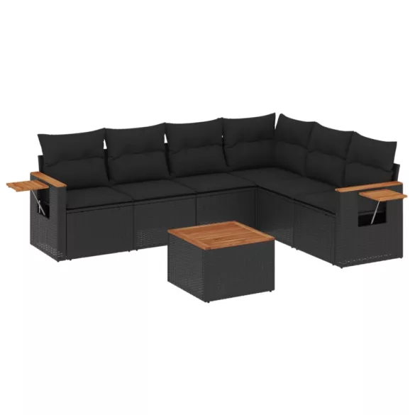 7 részes fekete polyrattan kerti ülőgarnitúra párnával