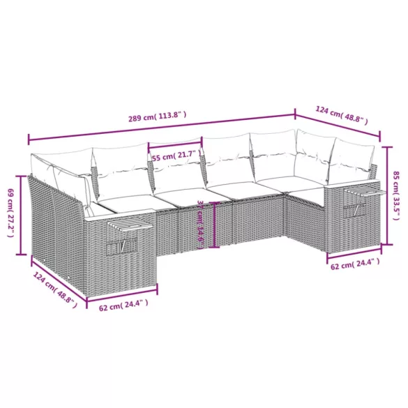 7 részes fekete polyrattan kerti ülőgarnitúra párnával