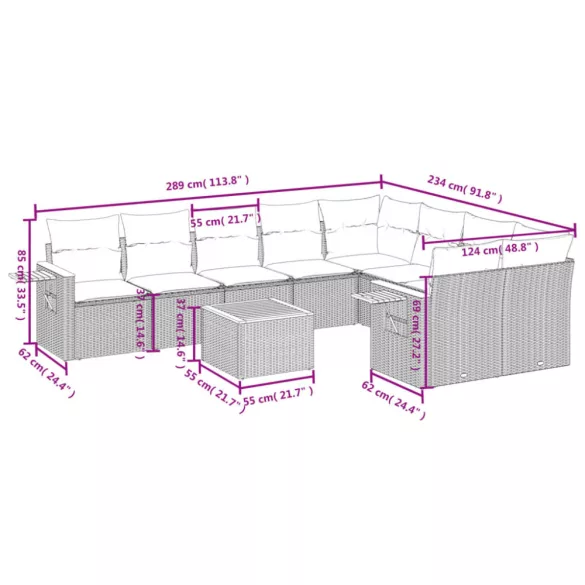 10 részes bézs polyrattan kerti ülőgarnitúra párnával
