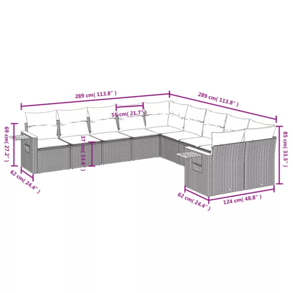 10 részes fekete polyrattan kerti ülőgarnitúra párnákkal