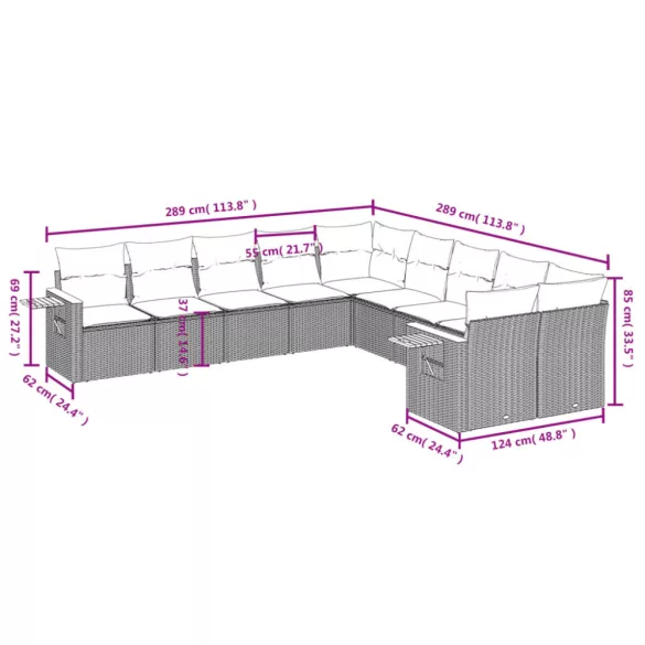10 részes bézs polyrattan kerti ülőgarnitúra párnával