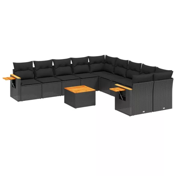 11 részes fekete polyrattan kerti ülőgarnitúra párnákkal