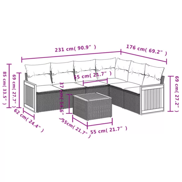 7 részes bézs polyrattan kerti ülőgarnitúra párnákkal