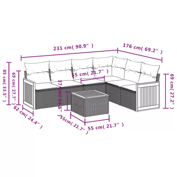 7 részes bézs polyrattan kerti ülőgarnitúra párnákkal