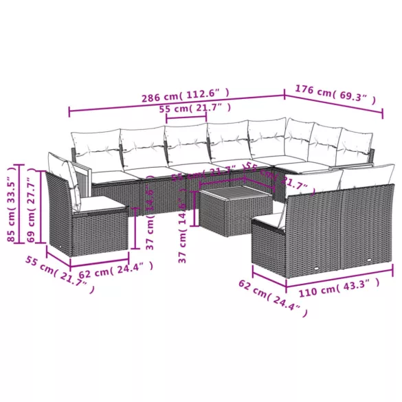 11 részes szürke polyrattan kerti ülőgarnitúra párnákkal