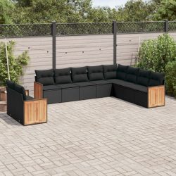   10 részes fekete polyrattan kerti ülőgarnitúra párnákkal