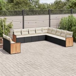   11 részes fekete polyrattan kerti ülőgarnitúra párnákkal
