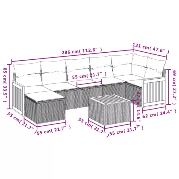 8 részes fekete polyrattan kerti ülőgarnitúra párnákkal