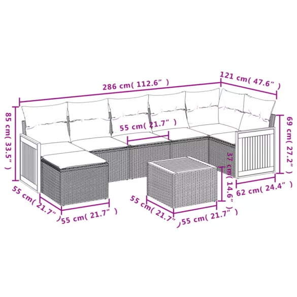 8 részes bézs polyrattan kerti ülőgarnitúra párnával