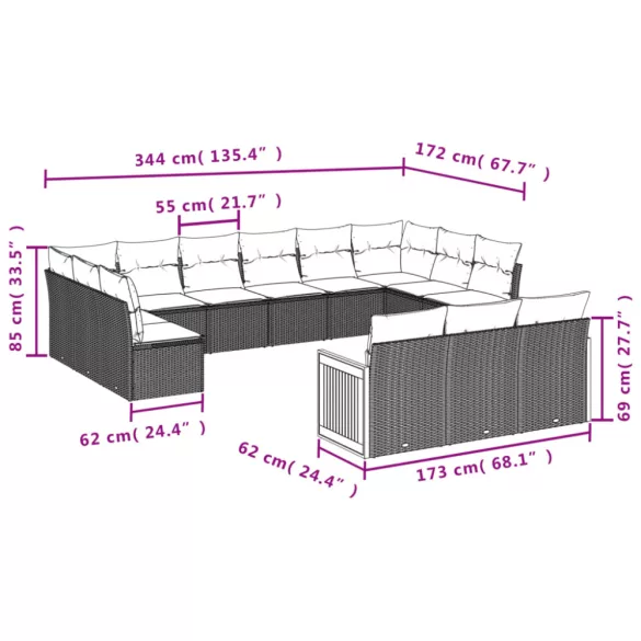 13 részes fekete polyrattan kerti ülőgarnitúra párnákkal