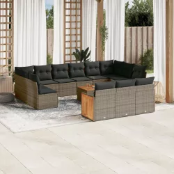   14 részes szürke polyrattan kerti ülőgarnitúra párnákkal