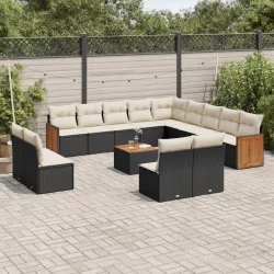   14 részes fekete polyrattan kerti ülőgarnitúra párnákkal