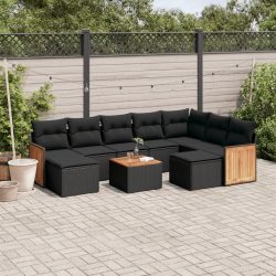   10 részes fekete polyrattan kerti ülőgarnitúra párnákkal