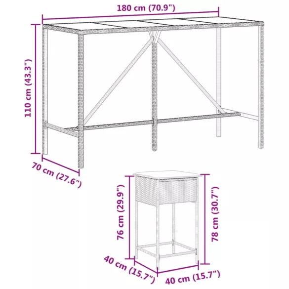 7 részes fekete polyrattan kerti bárszett párnákkal