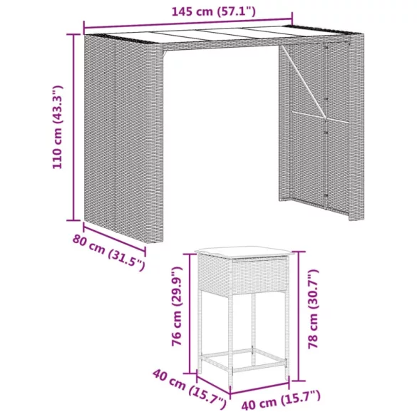 7 részes fekete polyrattan kerti bárszett párnákkal