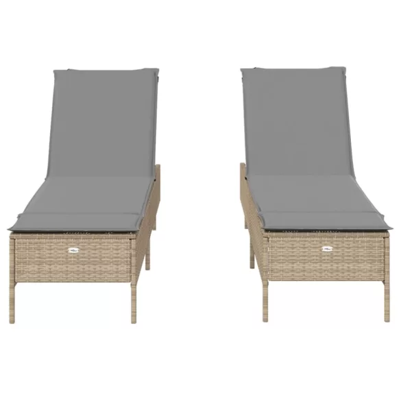 2 db bézs polyrattan napozóágy párnával