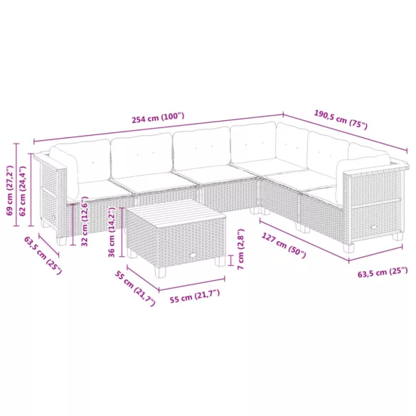 7 részes fekete polyrattan kerti ülőgarnitúra párnával