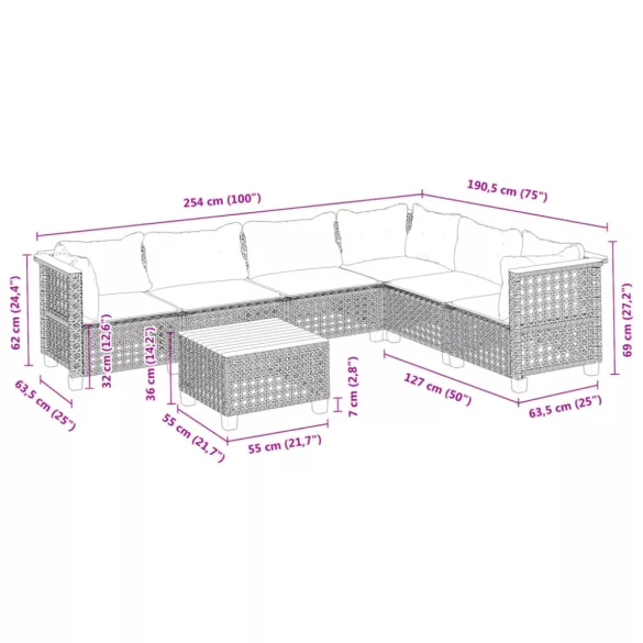 7 részes fekete polyrattan kerti ülőgarnitúra párnával