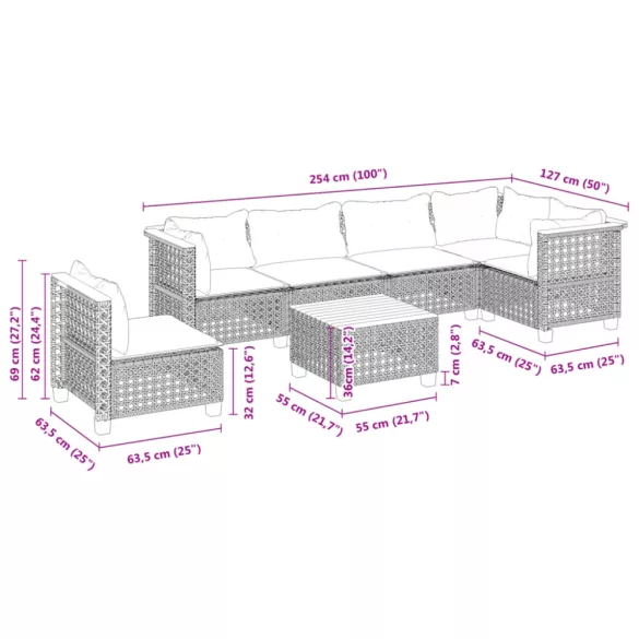 7 részes fekete polyrattan kerti ülőgarnitúra párnával