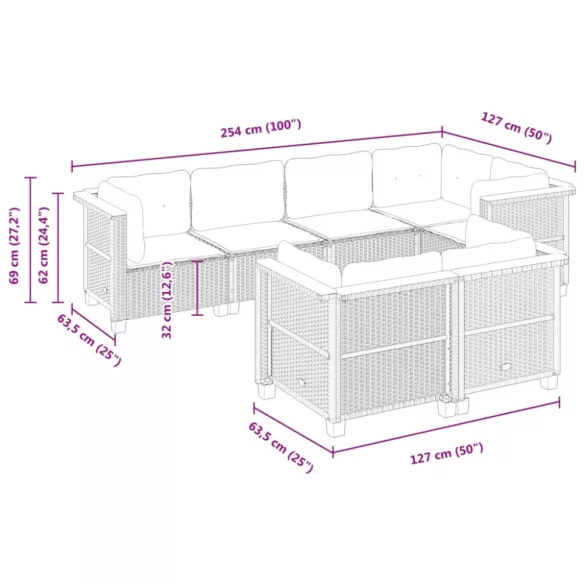 7 részes fekete polyrattan kerti ülőgarnitúra párnával