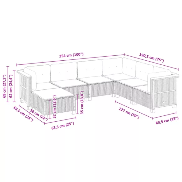 7 részes fekete polyrattan kerti ülőgarnitúra párnával