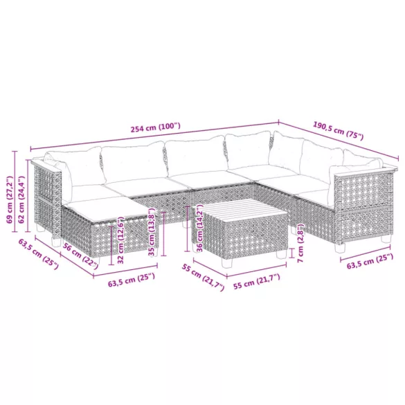 8 részes szürke polyrattan kerti ülőgarnitúra párnákkal