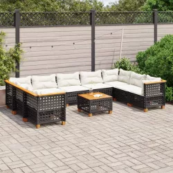   10 részes fekete polyrattan kerti ülőgarnitúra párnákkal