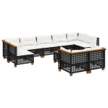 10 részes fekete polyrattan kerti ülőgarnitúra párnákkal