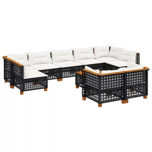 10 részes fekete polyrattan kerti ülőgarnitúra párnákkal