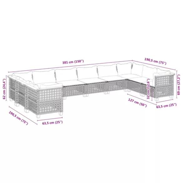10 részes fekete polyrattan kerti ülőgarnitúra párnákkal