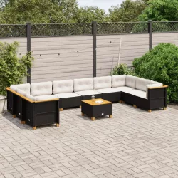   11 részes fekete polyrattan kerti ülőgarnitúra párnákkal