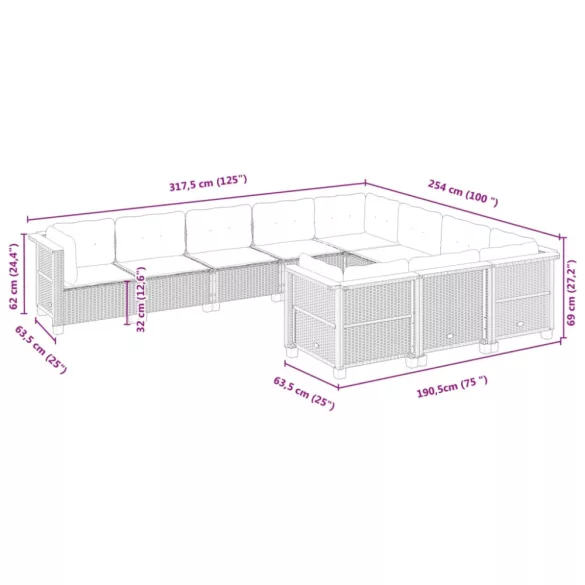 10 részes fekete polyrattan kerti ülőgarnitúra párnákkal
