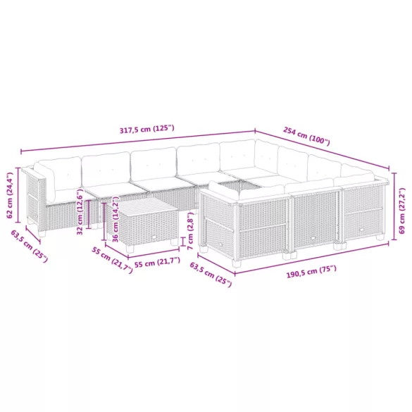 11 részes fekete polyrattan kerti ülőgarnitúra párnákkal