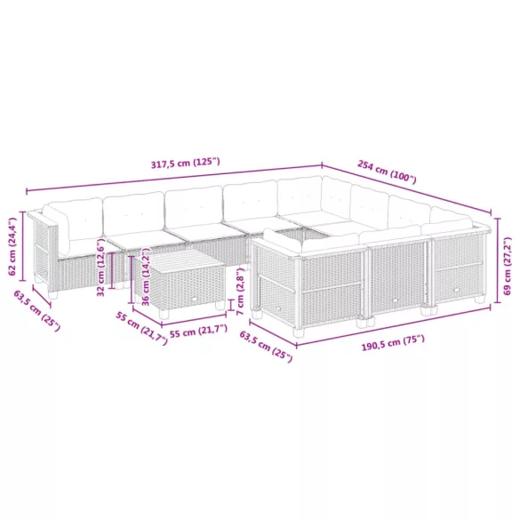 11 részes szürke polyrattan kerti ülőgarnitúra párnákkal