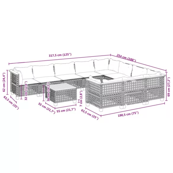 11 részes fekete polyrattan kerti ülőgarnitúra párnákkal
